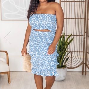 Pink Lily Dainty Daisies Blue Floral Smocked Two Piece Skirt Set